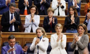 El presidente del Gobierno, Pedro Sánchez; la vicepresidenta primera y ministra de Asuntos Económicos y Transformación Digital, Nadia Calviño; la vicepresidenta segunda y ministra de Trabajo y Economía Social, Yolanda Díaz y la vicepresidenta tercera y mi