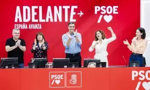 Santos Cerdán, Cristina Narbona, Pedro Sánchez, María Jesús Montero, y Andrea Fernández, en la Comisión Ejecutiva Federal del PSOE, a 24 de julio de 2023