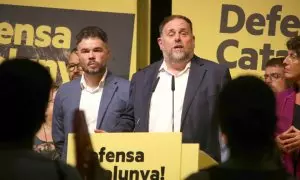 23/07/2023 - Gabriel Rufián, Oriol Junqueras i Teresa Jordà la nit electoral del 23-J.