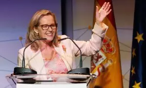 La vicepresidenta primera del Gobierno, Nadia Calviño, interviene en la apertura del X Aniversario de la European Long Term Investor Association, en Casa América, a 20 de julio de 2023, en Madrid (España).