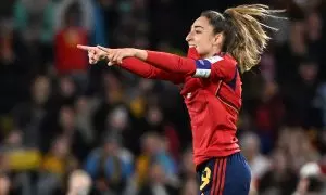 La defensa española Olga Carmona celebra su gol en la final del Mundial femenino de fútbol que juega la Roja contra Inglaterra, a 20 de agosto de 2023 en Sídney