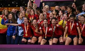 Las jugadoras de la selección española femenina de fútbol celebrando la victoria en el Mundial