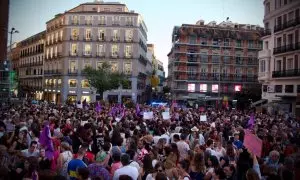 Manifestación feminista para pedir la dimisión de Luis Rubiales en la Plaza de Callao, en Madrid.