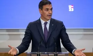 El presidente del gobierno en funciones, Pedro Sánchez, en la sede de la CEOE en Madrid, a 15 de septiembre de 2023.