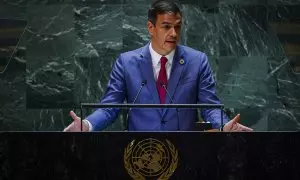 Pedro Sánchez, durante su alocución en el 78º período de sesiones de la Asamblea General de las Naciones Unidas en la Sede de las Naciones Unidas, a 20 de septiembre de 2023.