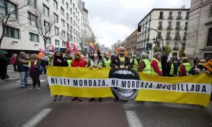 Varias personas en una manifestación contra la ley mordaza, a 13 de febrero de 2022, en Madrid (España).