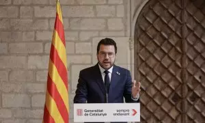 16/10/2023 - El presidente de la Generalitat de Cataluña, Pere Aragonès, compareció este mediodía tras analizar con su gobierno el informe sobre las vías para un referéndum pactado.