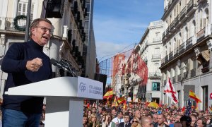 El presidente del PP, Alberto Núñez Feijóo, interviene durante la manifestación de este domingo contra la amnistía, en la Puerta del Sol en Madrid (España). Jesús Hellín / Europa Press