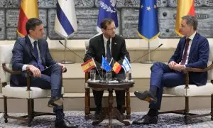 El presidente del Gobierno, Pedro Sánchez, durante una reunión con el presidente israelí, Isaac Herzog, y el primer ministro belga, Alexander De Croo, en Jerusalén, a 23 de noviembre de 2023.