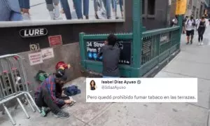 Ayuso utiliza una imagen de la crisis del fentanilo en EEUU para criticar la prohibición de fumar en terrazas: "No es una cuenta parodia"