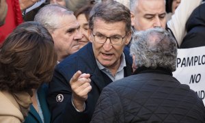 El presidente del Partido Popular, Alberto Núñez Feijóo, durante una manifestación contra la moción de censura, a 17 de diciembre de 2023, en Pamplona