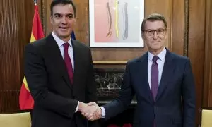 El presidente del Gobierno, Pedro Sánchez (i) y el líder del PP, Alberto Núñez Feijóo (d) durante su encuentro este viernes en el Congreso de los Diputados en Madrid