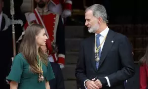 El rey y la Princesa Leonor a la salida de la Solemne Sesión de Apertura de las Cortes Generales de la XV Legislatura, en el Congreso de los Diputados, a 29 de noviembre de 2023, en Madrid.