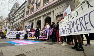 Activistas trans corean consignas contra el nombramiento de Isabel García al frente del Instituto de las Mujeres.