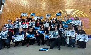 16/1/24 Concentración de eurodiputados y eurodiputadas el pasado martes en la sede del Parlamento Europeo en Estrasburgo en solidaridad con Galicia y para reclamar medidas más estrictas en el transporte de pellets.