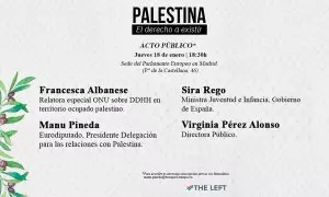 Imagen del cartel del acto público sobre Palestina en la sede del Parlamento Europeo en Madrid.