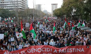 Manifestants demanant la fi de la guerra a Palestina caminant pel carrer de Tarragona de Barcelona.