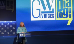 La ex secretaria de Estado de Estados Unidos, Hillary Clinton, participa en la presentación del informe “Women in Multilateralism 2024” de GWL Voices este lunes, en Madrid.