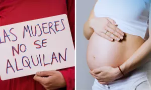 Montaje de dos fotografías: La primera, una mujer sostiene una pancarta contra los vientres de alquiler en una manifestación en Madrid en el marco de la polémica de Ana Obregón. La segunda: una imagen de Freepik de una embarazada.  OK