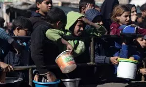 Decenas de niños palestinos desplazados se agolpan para recibir algo de comida en el campo de refugiados de Rafah, en el sur de Gaza, este 25 de enero de 2024.