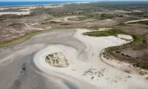 La laguna de Santa Olalla, en agosto de 2023, seca por segundo año consecutivo.