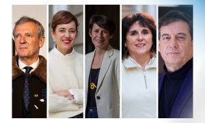 Los cinco candidatos y candidatas a las elecciones gallegas: Alfonso Rueda (PP), Marta Lois (Sumar), Ana Pontón (BNG), Isabel Faraldo (Podemos) y José Ramón Gómez Besteiro (PSOE).