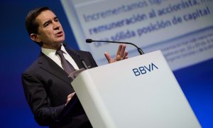 El presidente de BBVA, Carlos Torres Vila, durante la presentación de los resultados correspondientes al ejercicio 2023. E.P./Jesús Hellín