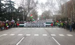 Decenas de personas protestan durante la manifestación contra el genocidio en Palestina, el 25 de febrero de 2024, en Madrid (España).