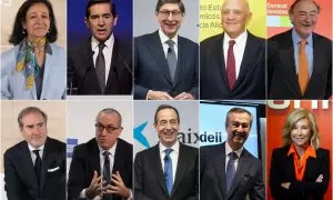 De izquierda a derecha, arriba, los presidentes de Banco Santander, Ana Botín; de BBVA,  Carlos Torres, de CaixaBank, José Ignacio Goirigolzarri; Banco Sabadell, Josep Oliú; y Bankinter, Pedro Guerrero; Abajo, los consejeros delegadados de las respectivas