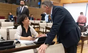 La portavoz de Justicia de Esquerra Republicana (ERC) en el Congreso, Pilar Vallugera (c), y el diputado de Junts Josep Maria Cervera (1d) conversan a su llegada a la Comisión de Justicia, en el Congreso de los Diputados