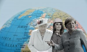 08/03/2024 Isabel II, Penélope Cruz y Angela Merkel sobre la imagen de un globo terráqueo.