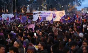 Manifestación convocada por la Comisión 8M bajo el lema 'Patriarcado, Genocidio, Privilegios #SeAcabó', este viernes en Madrid.