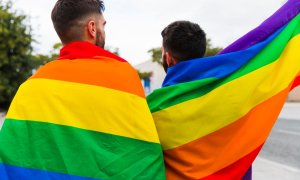 Una pareja de hombres LGTBI+ porta la bandera del colectivo.