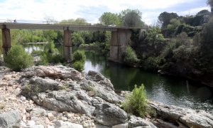 El riu Ter al seu pas per la Cellera, a l'altra banda del pont que dona a la presa del Pasteral