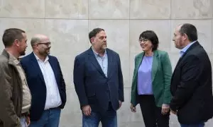 ERC, EH Bildu, BNG y Ara Més firman el acuerdo de coalición para las europeas en la sede de ERC, a 28 de marzo de 2024, en Barcelona.