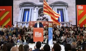 El candidato del PSC, Salvador Illa, interviene durante un mitin del PSC, a 2 de mayo, en Sant Boi de Llobregat, Barcelona, Catalunya.