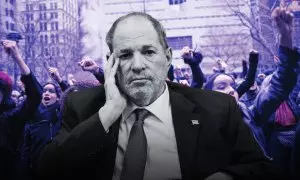 Montaje con una imagen del exproductor Harvey Weinstein tras conocer que su condena sería anulada.