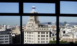 Vista de la antigua sede del BBVA en la Plaza de Catalunya de Barcelona, a 9 de mayo de 2024.
