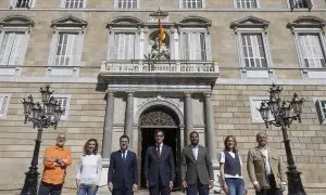 Carlos Carrizosa; Laia Estrada; Pere Aragonès; Salvador Illa; Ignacio Garriga; Jessica Albiach; y Alejandro Fernández, este sábado en Barcelona.
