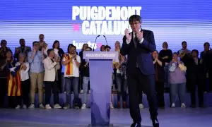 Carles Puigdemont, líder de Junts per Catalunya, y uno de los potenciales beneficiarios de la ley de amnistía, en un acto electoral en el sur de Francia. REUTERS/Nacho Doce