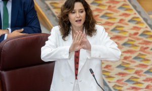 La presidenta de la Comunidad de Madrid, Isabel Díaz Ayuso, interviene durante un pleno en la Asamblea de Madrid, a 9 de mayo de 2024, en Madrid (España).