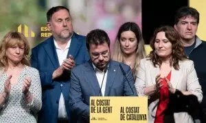 El presidente de la Generalitat de Catalunya y candidato de ERC a la reelección, Pere Aragonès, en una rueda de prensa por la jornada electoral.