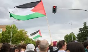 Varias personas durante la concentración en solidaridad por el pueblo palestino en Madrid, a 14 de mayo de 2024.