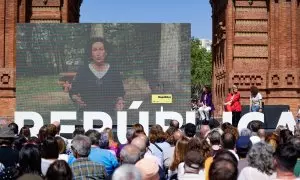 La secretaria general de ERC, Marta Rovira, interviene de manera telemática durante el acto de ERC ‘Festa de la República’, en el paseo Companys, a 13 de abril de 2024, en Barcelona, Catalunya.