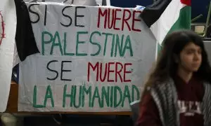 17/05/2024 Una pancarta y varias banderas de Palestina dentro de la Facultad de Filosofía de la Universitat de València, a 17 de mayo de 2024.