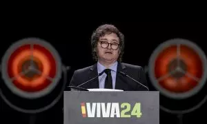 El presidente de Argentina, Javier Milei, interviene durante el acto de Vox en Madrid, a 19 de mayo de 2024.