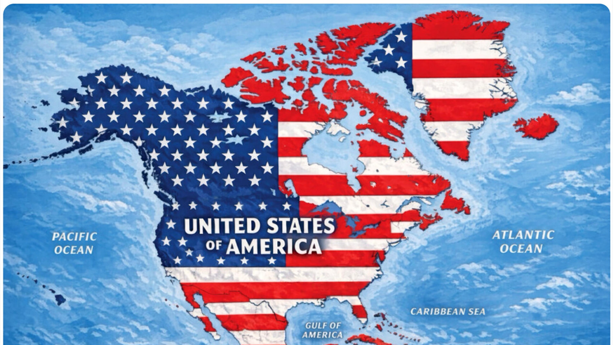 Trump comparte un mapa con la bandera de EEUU cubriendo México, el Caribe, Canadá