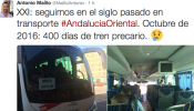 Maíllo tuitea su viaje de Almería a Sevilla para denunciar la exclusión ferroviaria en Andalucía Oriental