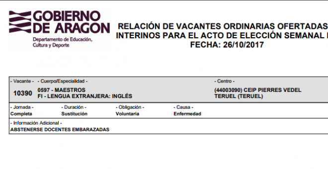 “Información adicional: abstenerse docentes embarazadas”