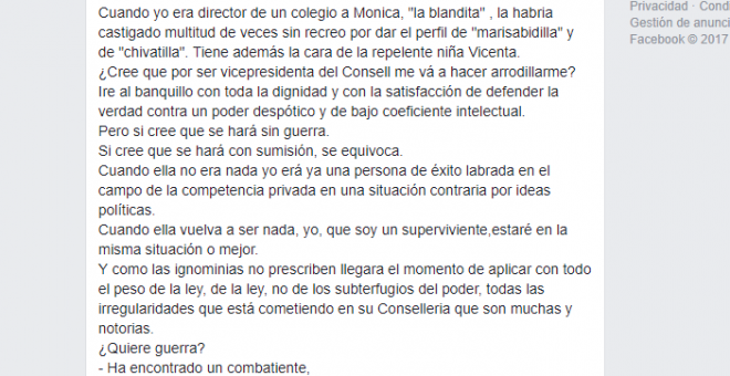 José Luis Roberto, líder de España 2000, a Mónica Oltra: "¿Quiere guerra? Ha encontrado un combatiente"